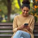 Rabbii Archan, single mother, sitting on a park bench with her phone
